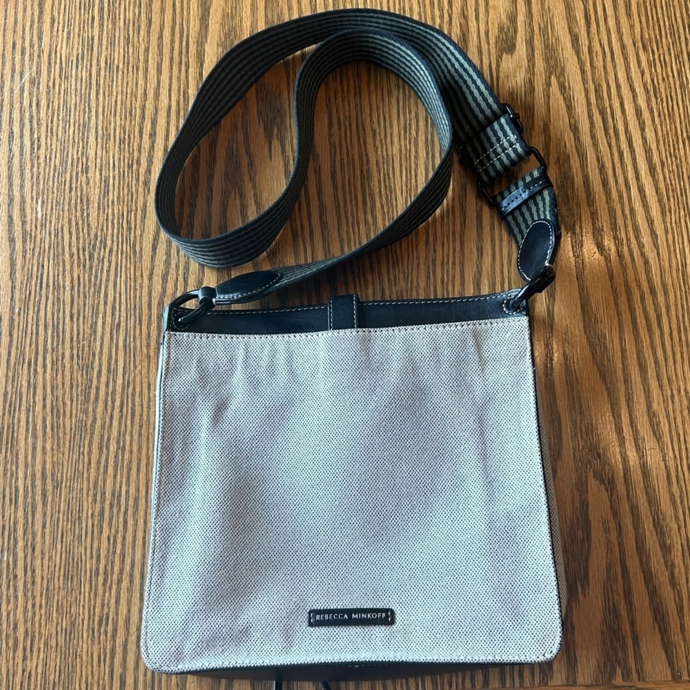 Rebecca Minkoff Navy Leather Trimmed Cream Shoulder Crossbody Bag Stripped Strap